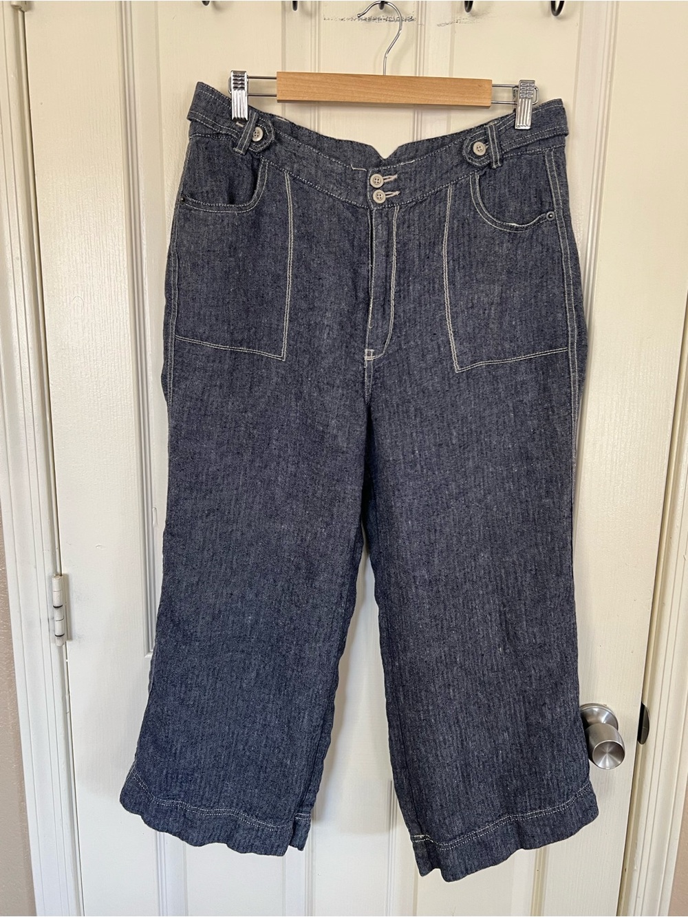 Sundance Size 12 100% Linen Wide Leg Cropped Pants Chambray Blue